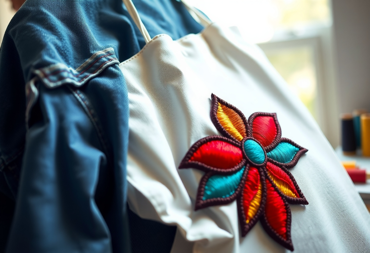 A white apron with a vibrant flower embroidered on it is held by a person, highlighting a touch of artistic flair.